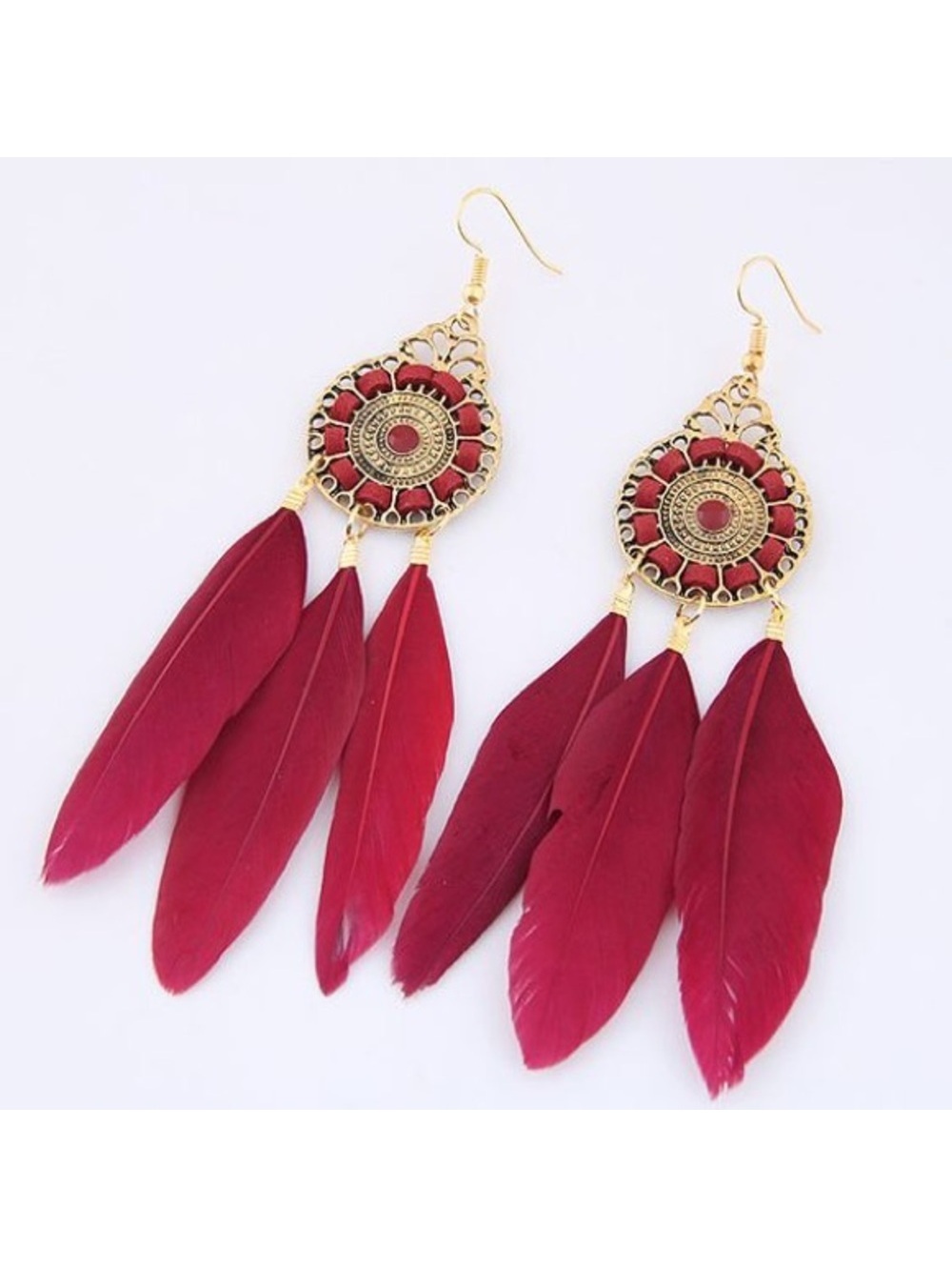 Red, Pink or Blue Gold Feather Earrings